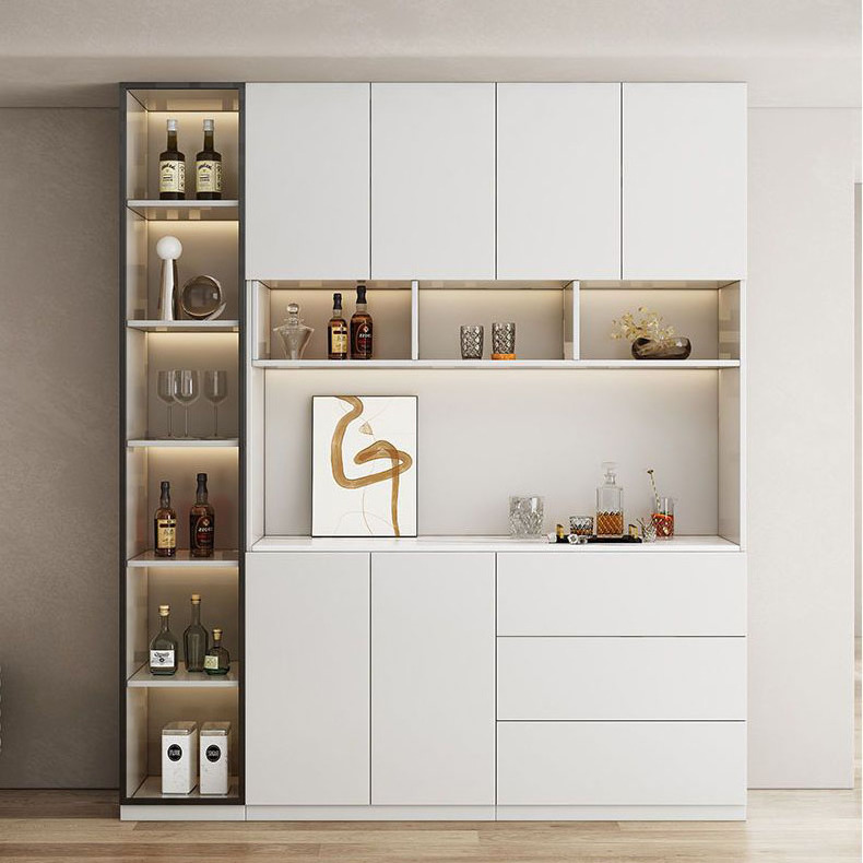 Entry Luxury Modern Wooden Glass Door Stainless Steel Frame Wine Display Cabinet beside Wall with Sensor Lights