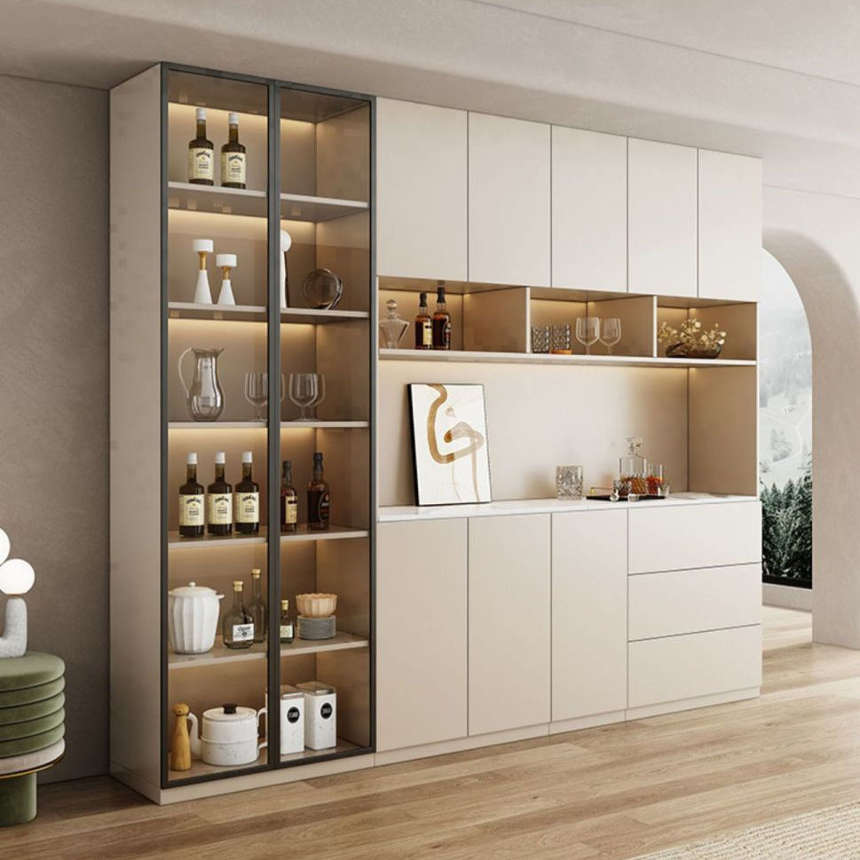 Entry Luxury Modern Wooden Glass Door Stainless Steel Frame Wine Display Cabinet beside Wall with Sensor Lights