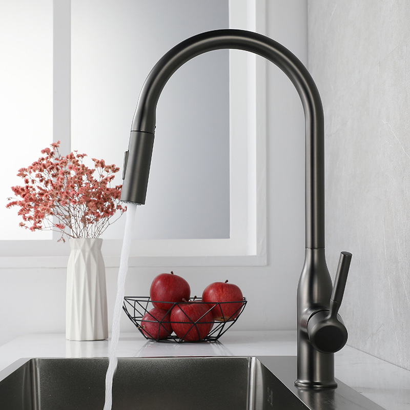 304 stainless steel black pullout waterfall kitchen faucet