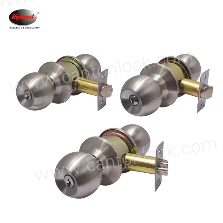 Stainless steel Cylindrical Knob Door Lock  Hyland OEM 587 BN ET, Round cylinder door lock 60/70mm latch