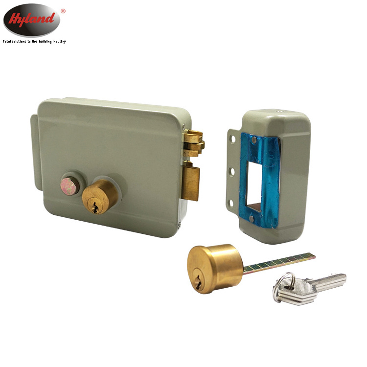 Electric gate door lock Hyland OEM CE 1073DL Double cylinder left open, 12V Electric Rim Lock with push button,