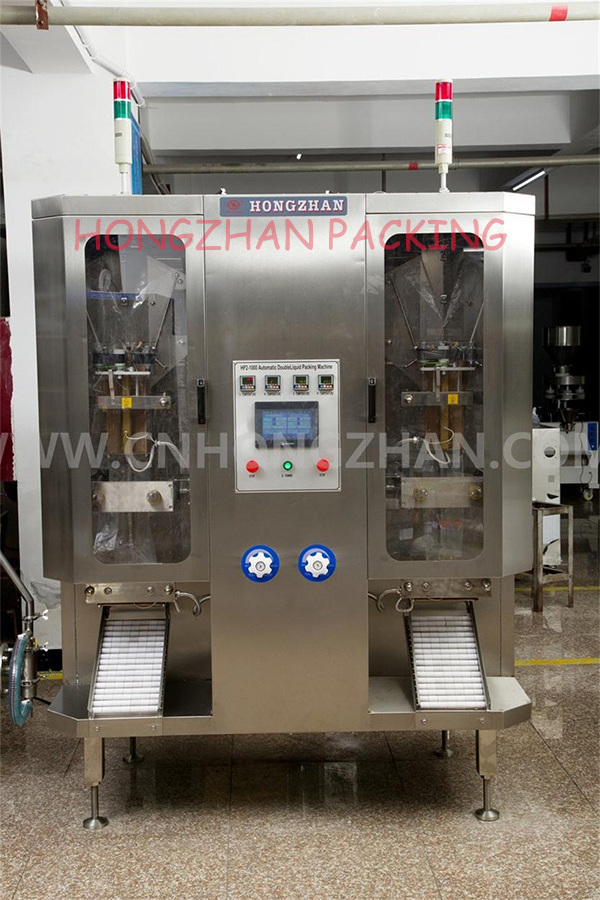 Fast output 2 channel water milk yogurt beverage filling sealing packing machine with form fill seal bagger