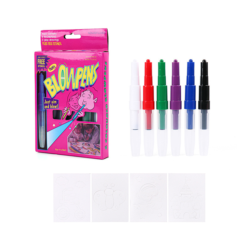 Multiple colors magic spraying watercolor air brush blow pen with paper Stencil