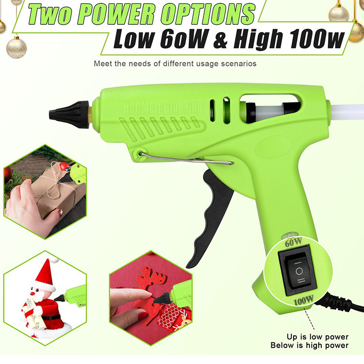 High power 60W 100W dual temp Pistolet green hot melt glue gun with sticks