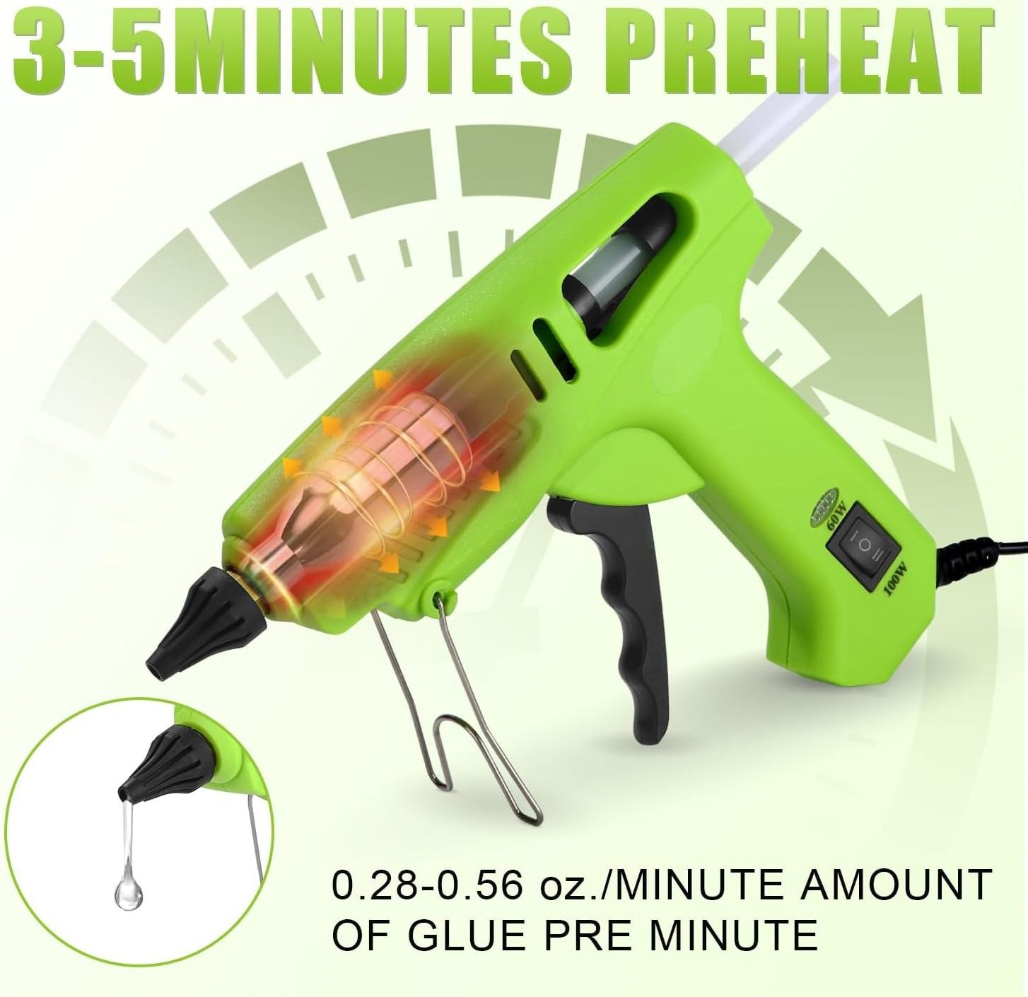 High power 60W 100W dual temp Pistolet green hot melt glue gun with sticks