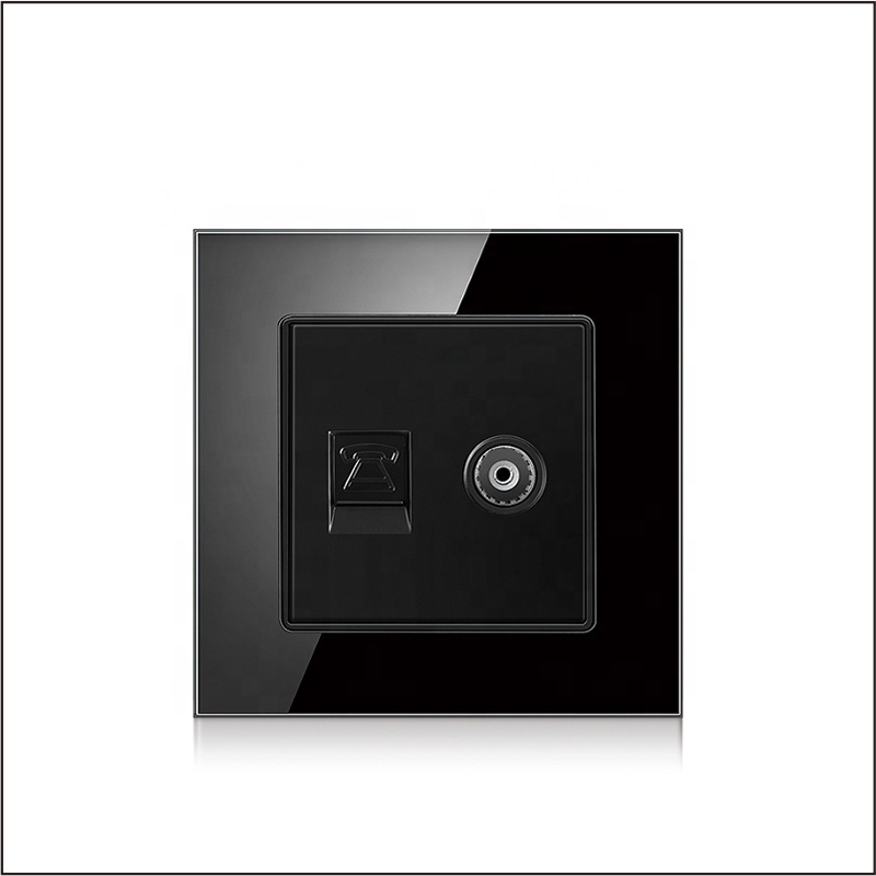 Honyar 2023 EU Tempered Glass Electrical Switches 2 Gang Dimmer Switch Black Wall Switch and Socket Internet SAT TV