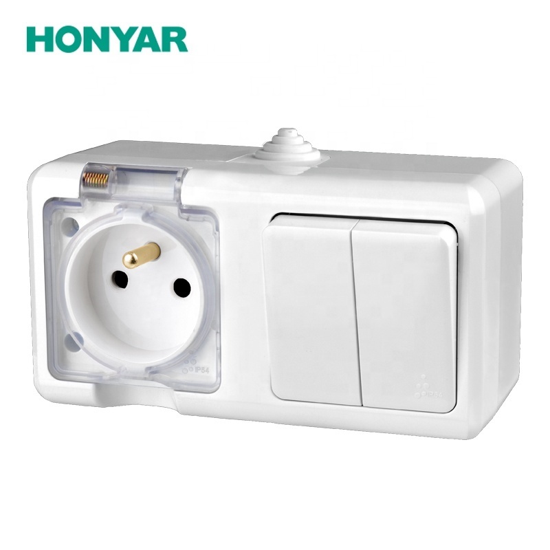 Honyar IP54 IP66 Outdoor Waterproof 16A 2 Gang EU Electrical French Wall Socket with Cover