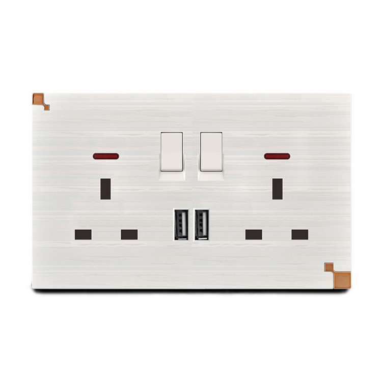 Honyar Electrical BS Standard PC Plate 13A Electric UK Wall Socket Switch 2 USB Wall Charger Double Socket