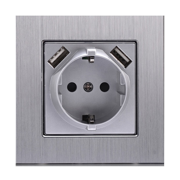 Honyar 86mm Silver Brushed Aluminum Metal Panel Frame 16A EU Wall Socket W/O USB Cover