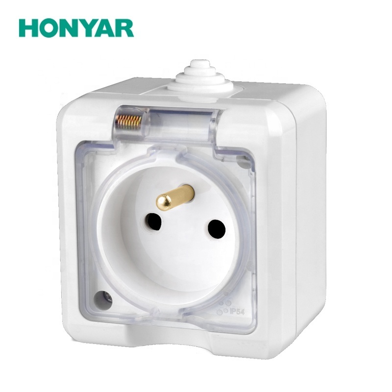 Honyar IP54 IP66 Outdoor Waterproof 16A 2 Gang EU Electrical French Wall Socket with Cover