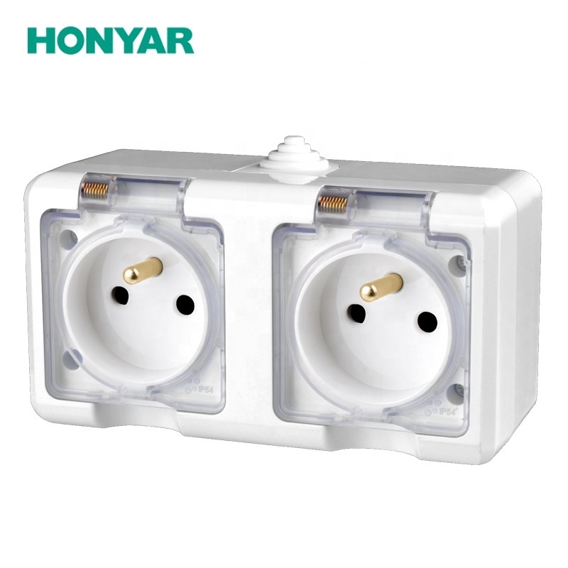 Honyar IP54 IP66 Outdoor Waterproof 16A 2 Gang EU Electrical French Wall Socket with Cover