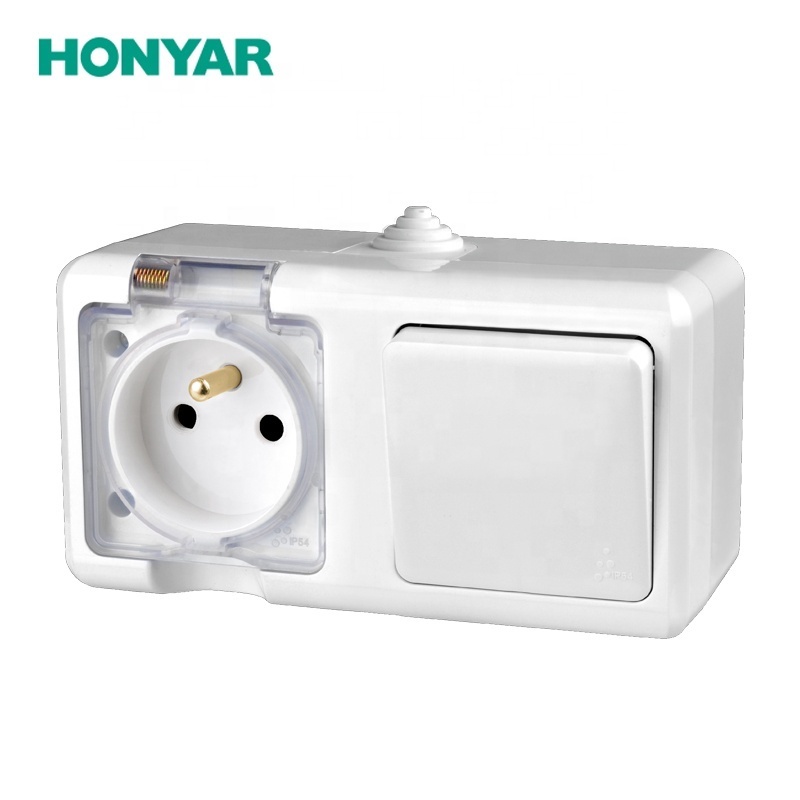 Honyar IP54 IP66 Outdoor Waterproof 16A 2 Gang EU Electrical French Wall Socket with Cover