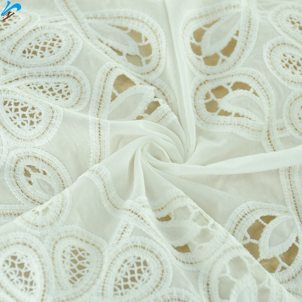 Factory OEM Customization Cotton White Eyelet Soft Machine Embroidery Fabric Floral Voile Fabric for Woman Lady Garment