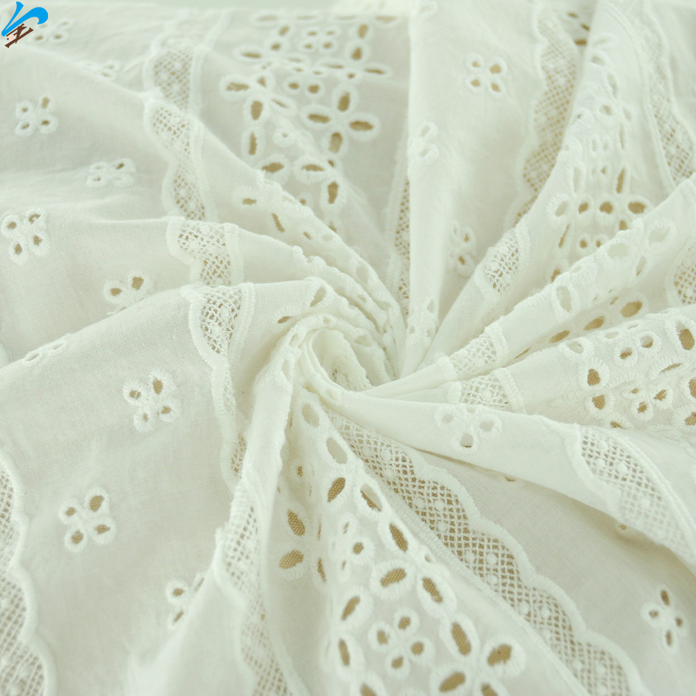 White color Embroidery Fabric custom swiss lace flower design eyelet hole voile trim lace border 100% cotton embroidery fabric