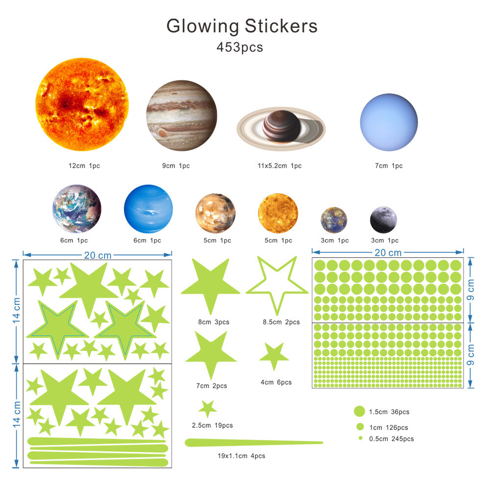 Boxed glow in dark stickers of the eight planets solar system children's room decoration glowing stickers