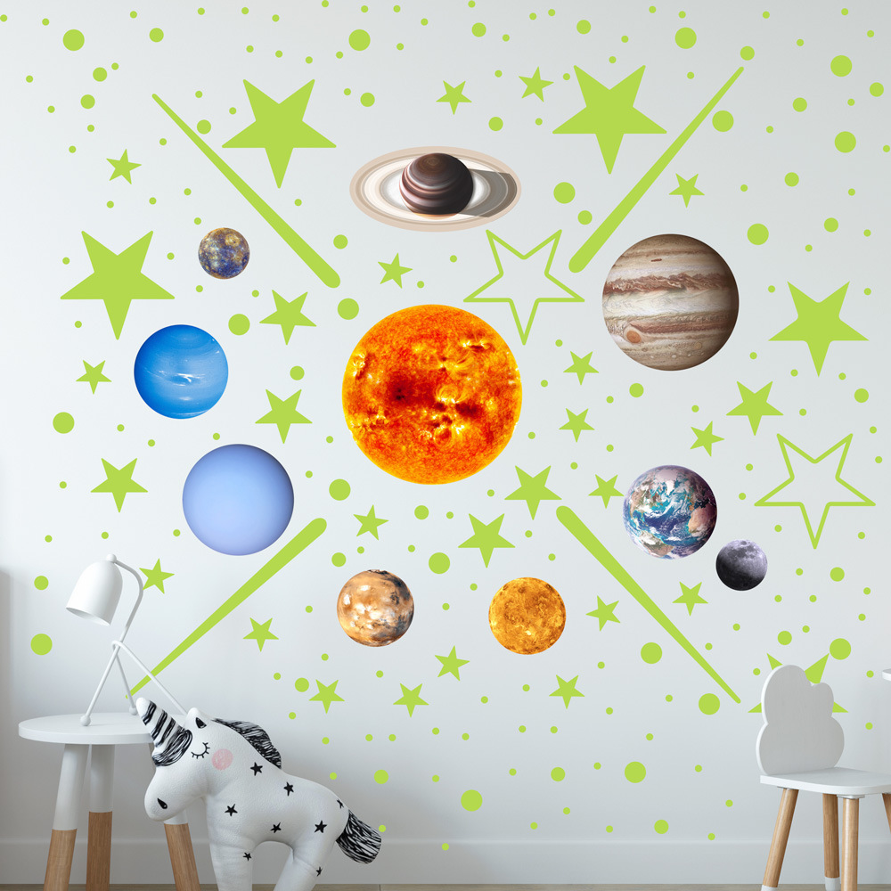 Boxed glow in dark stickers of the eight planets solar system children's room decoration glowing stickers