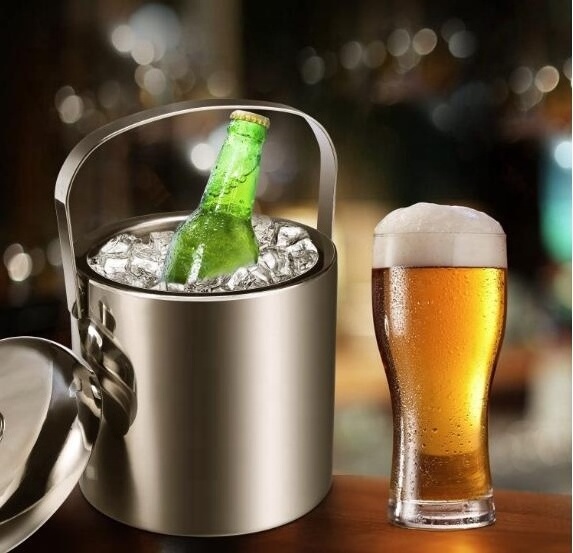 Ice Bucket with Double-Walled Insulated Stainless Steel Champagne Cooler Ice Cube Container with Lid and Tongs for Storing Ice