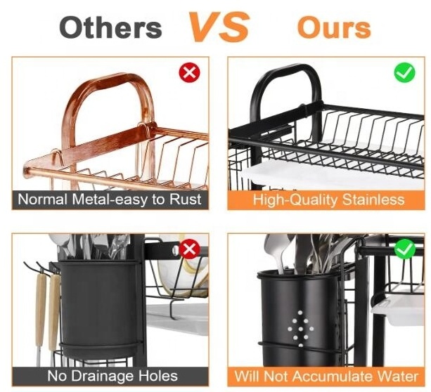 Dish Drying Rack with 2 Tier Stainless Steel Dish Rack with Drainboard and Utensil Holder and Cutting Board Holder