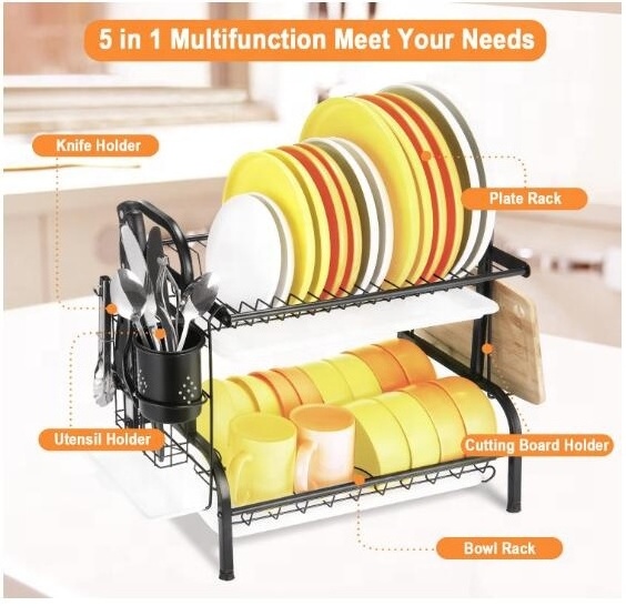 Dish Drying Rack with 2 Tier Stainless Steel Dish Rack with Drainboard and Utensil Holder and Cutting Board Holder