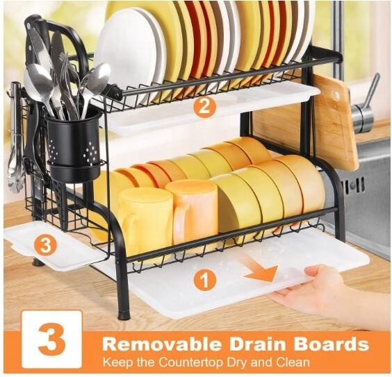 Dish Drying Rack with 2 Tier Stainless Steel Dish Rack with Drainboard and Utensil Holder and Cutting Board Holder