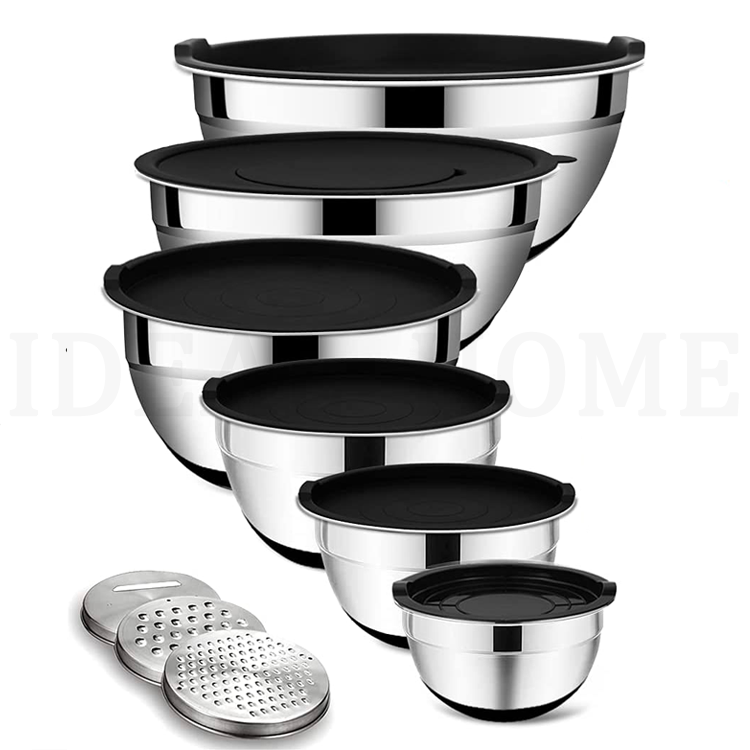 Size 4.6, 3, 1.5, 1, 0.7 QT Silicone Bottom Mix Nested Bowl Stainless Steel Salad Mixing Bowls with black Lids Set