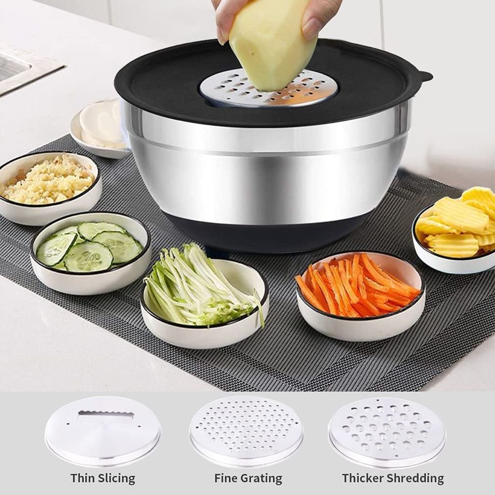 Size 4.6, 3, 1.5, 1, 0.7 QT Silicone Bottom Mix Nested Bowl Stainless Steel Salad Mixing Bowls with black Lids Set