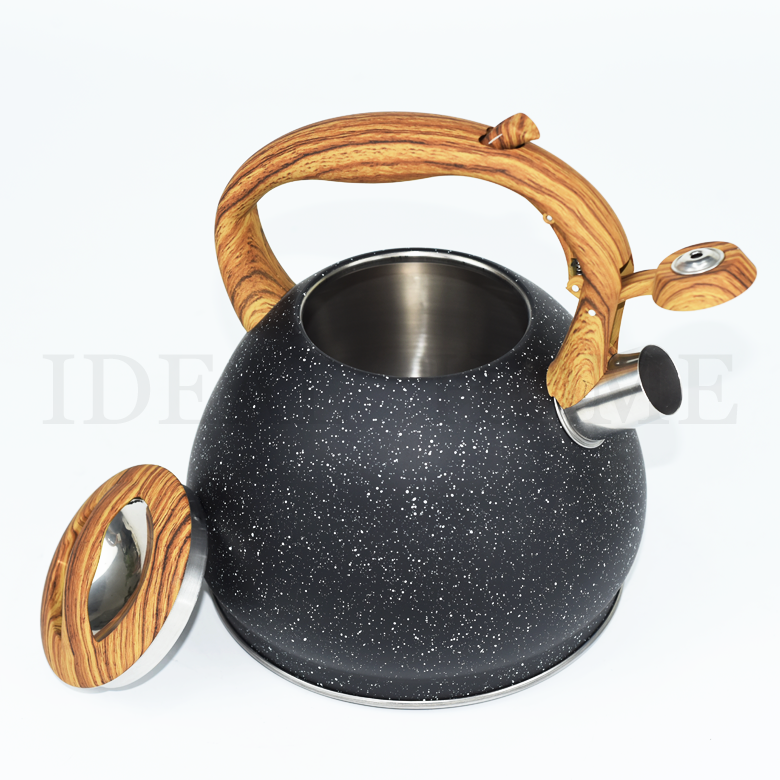 Wholesale Custom Food Grade Wooden Handle Stainless Steel Boil Water Whistling Water Kettle Teapot with Marble Coating