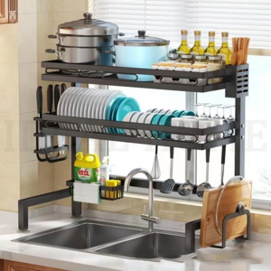 Over The Sink Dish Drying Rack (Expandable Height and Length) 2 Tier Large Stainless Steel Dish Rack for Kitchen