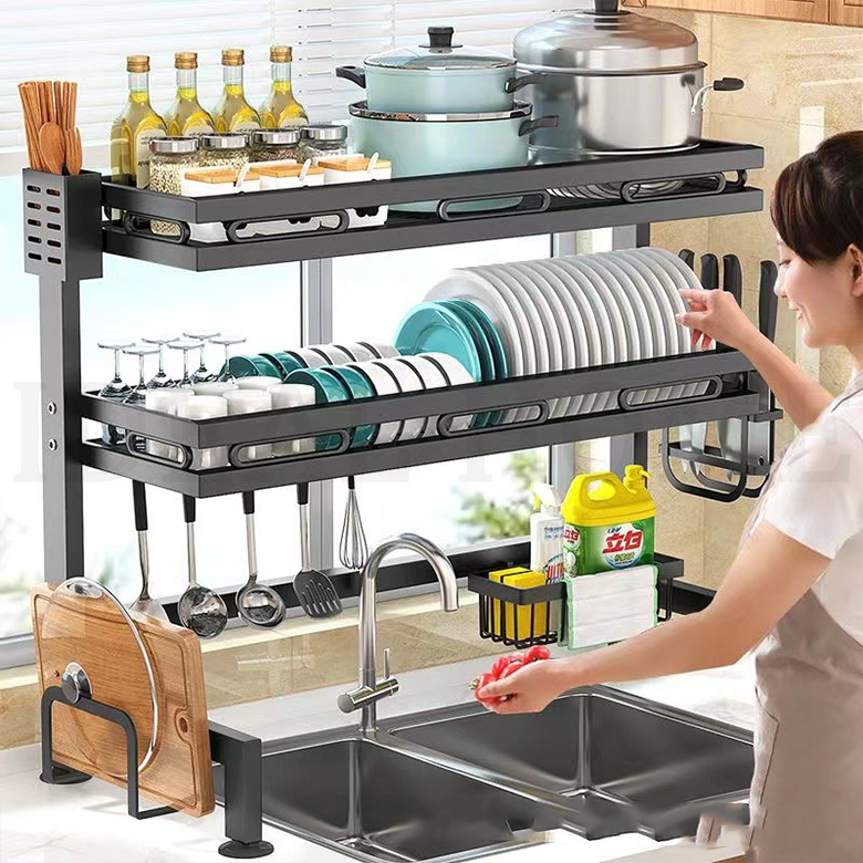 Over The Sink Dish Drying Rack (Expandable Height and Length) 2 Tier Large Stainless Steel Dish Rack for Kitchen