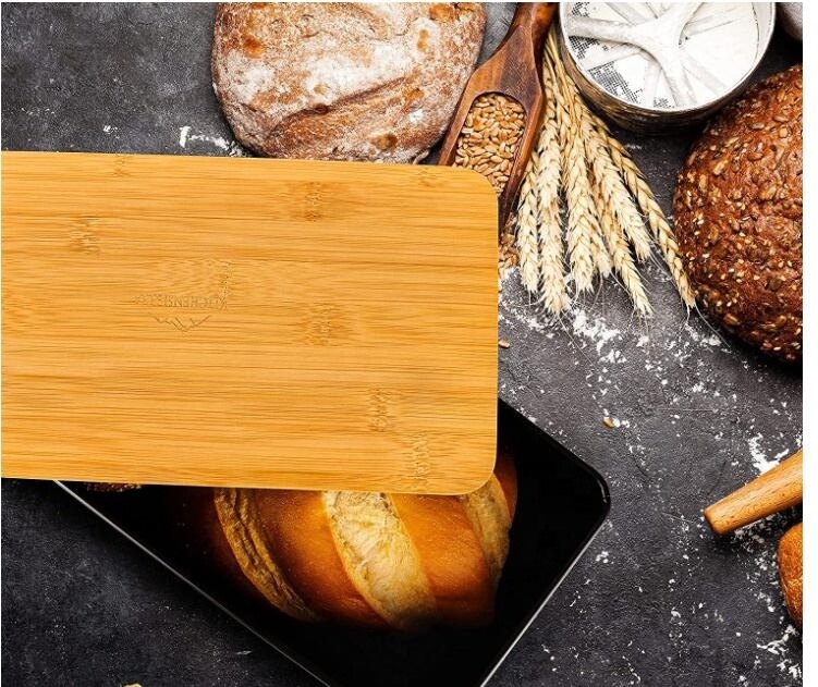 Bread Box For Kitchen Countertop Black Metal Bread Container With Bamboo Lid Chopping Board large Black Bread Holder