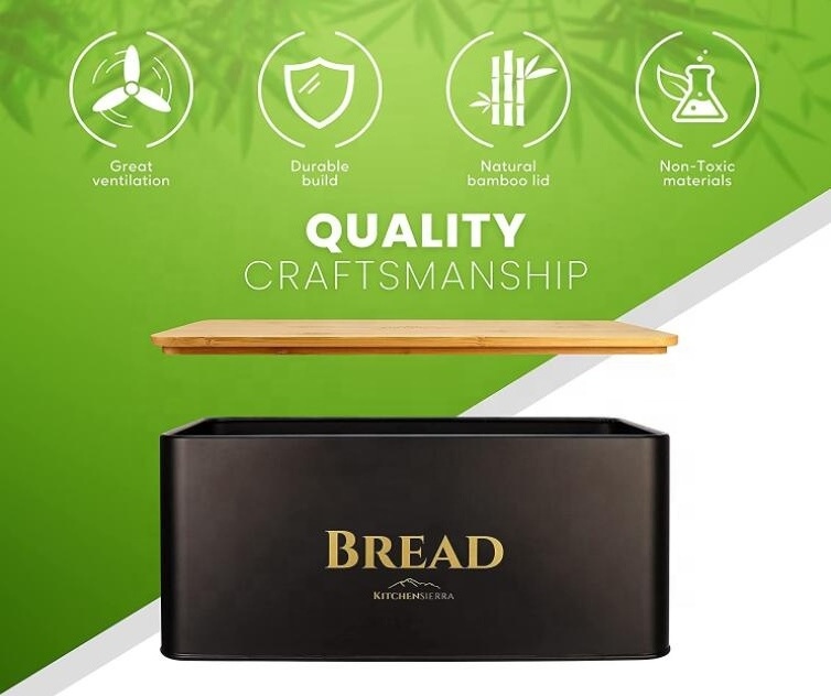 Bread Box For Kitchen Countertop Black Metal Bread Container With Bamboo Lid Chopping Board large Black Bread Holder