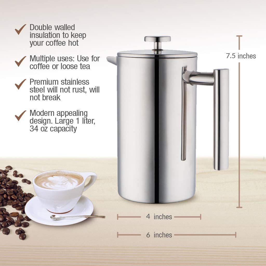 304 Grade Stainless Steel Insulated Coffee Press 34oz (1 Litre) Silver French Press Coffee Maker