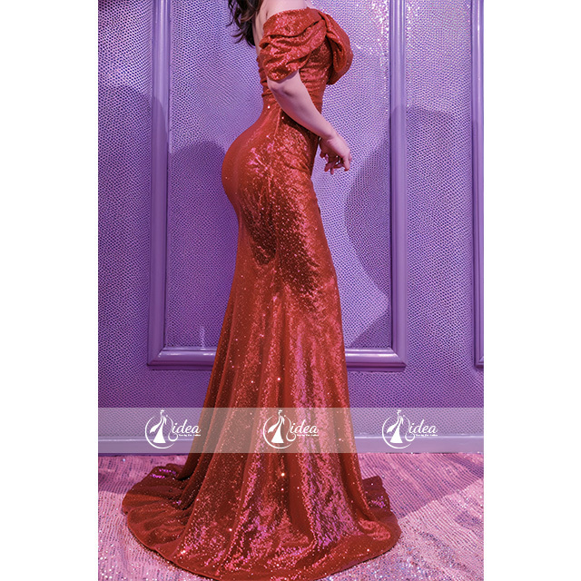 Stylish sexy red one-shoulder, backless sequin mermaid evening gown