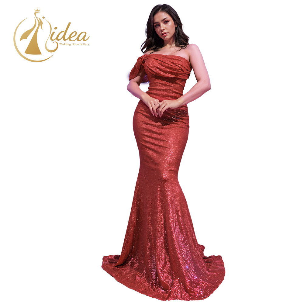 Stylish sexy red one-shoulder, backless sequin mermaid evening gown