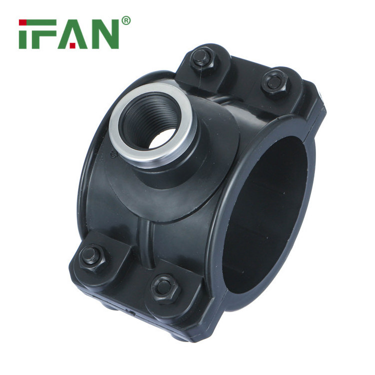 IFAN PP Compression Fittings 40-110 Four Thread HDPE Black Saddle Clamp For Farm Irrigation System Free Sample