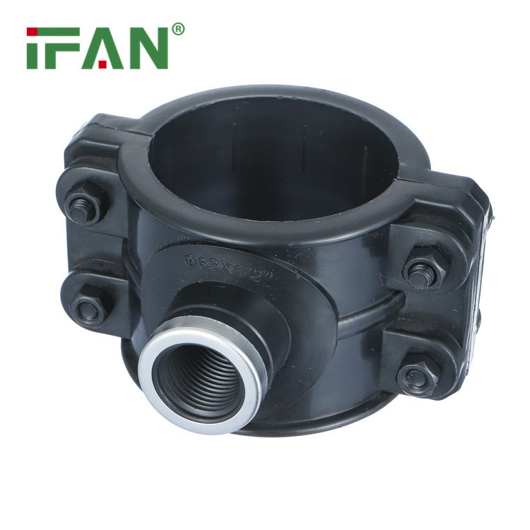 IFAN PP Compression Fittings 40-110 Four Thread HDPE Black Saddle Clamp For Farm Irrigation System Free Sample