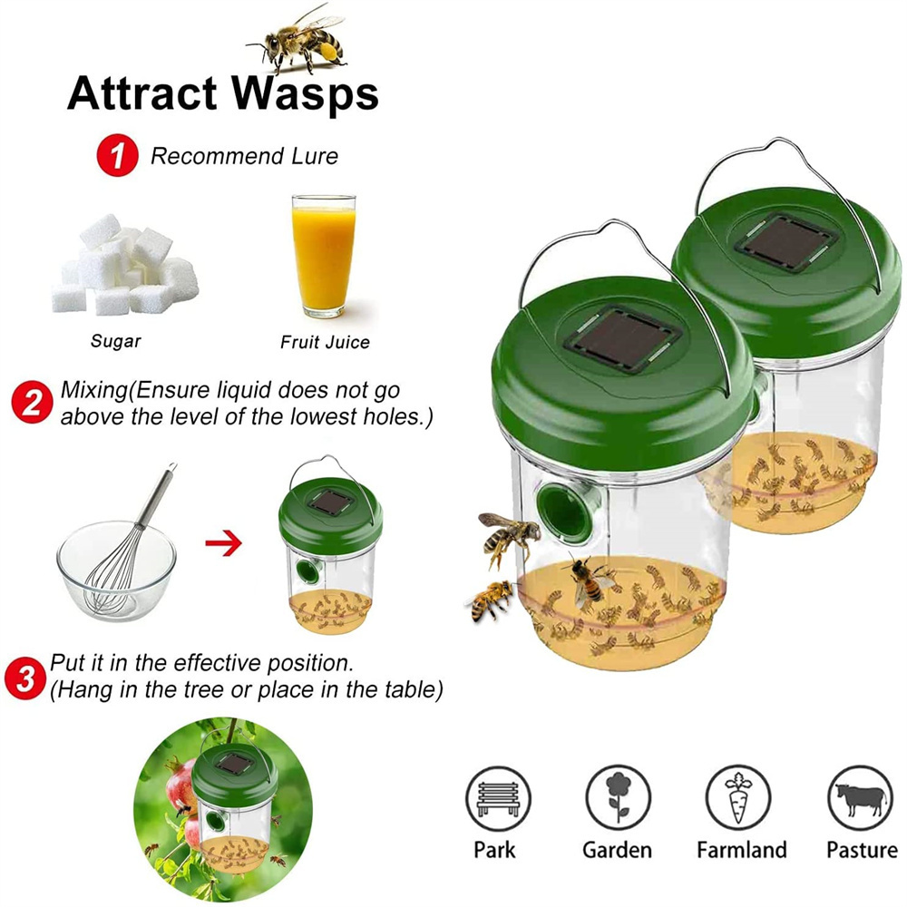 Solar Powered Fly Trap with Ultraviolet LED Light Outdoor Hanging Wasp Trap Catcher Yellow Jacket Bee trap