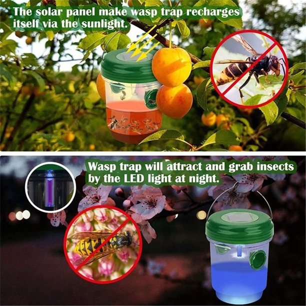 Solar Powered Fly Trap with Ultraviolet LED Light Outdoor Hanging Wasp Trap Catcher Yellow Jacket Bee trap