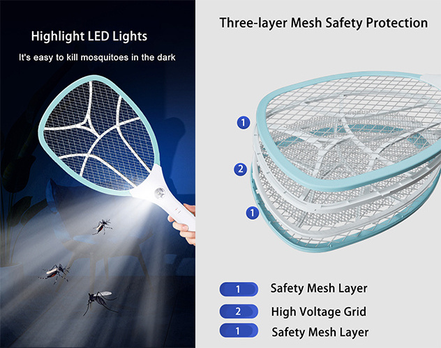 Indoor Outdoor USB Rechargeable 3000 Volts Bug Zapper Killer Electric Fly Swatter Mosquito Racket