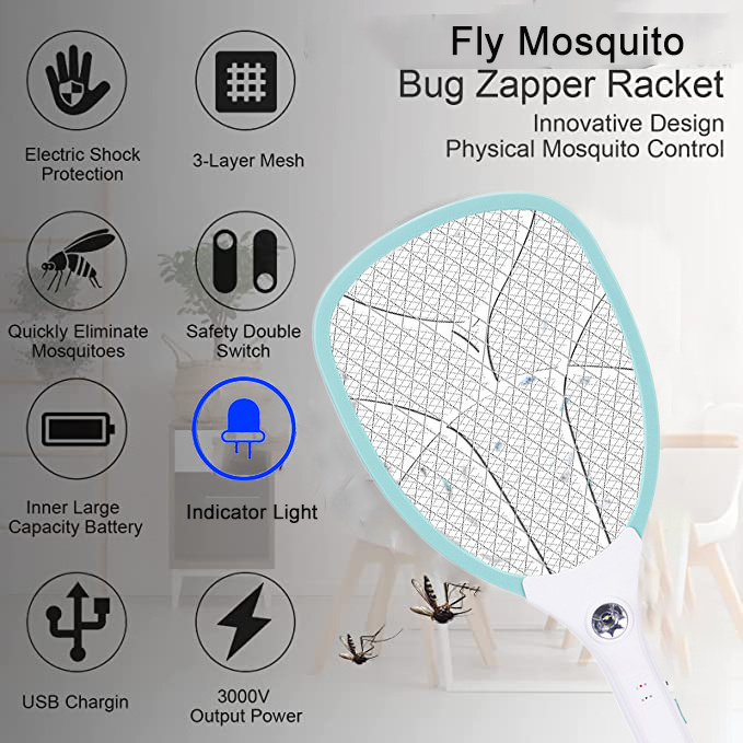 Indoor Outdoor USB Rechargeable 3000 Volts Bug Zapper Killer Electric Fly Swatter Mosquito Racket