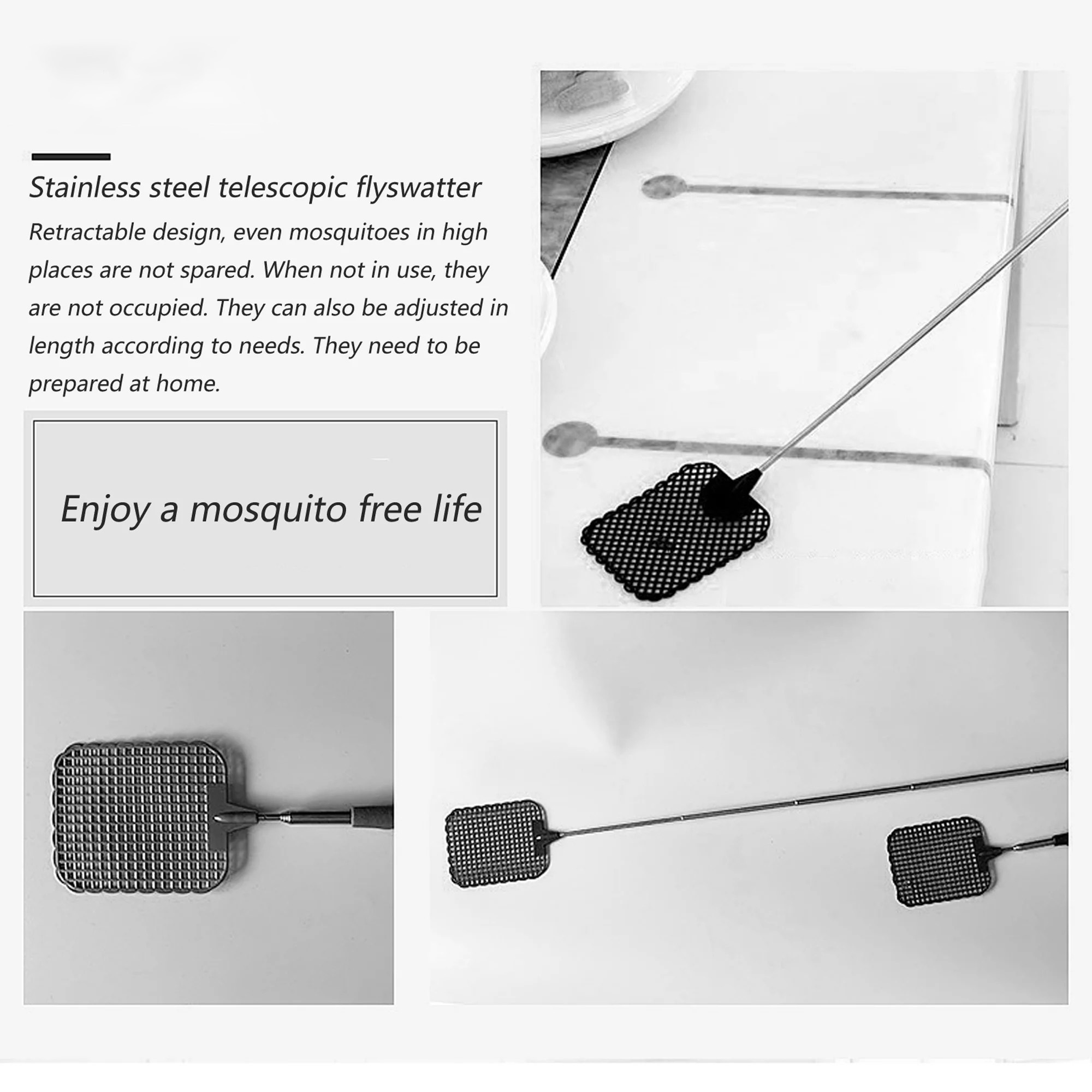 Extendable Anti Mosquito Pest Summer Home Kitchen Tool Stainless Steel Handle Telescopic Fly Swatter