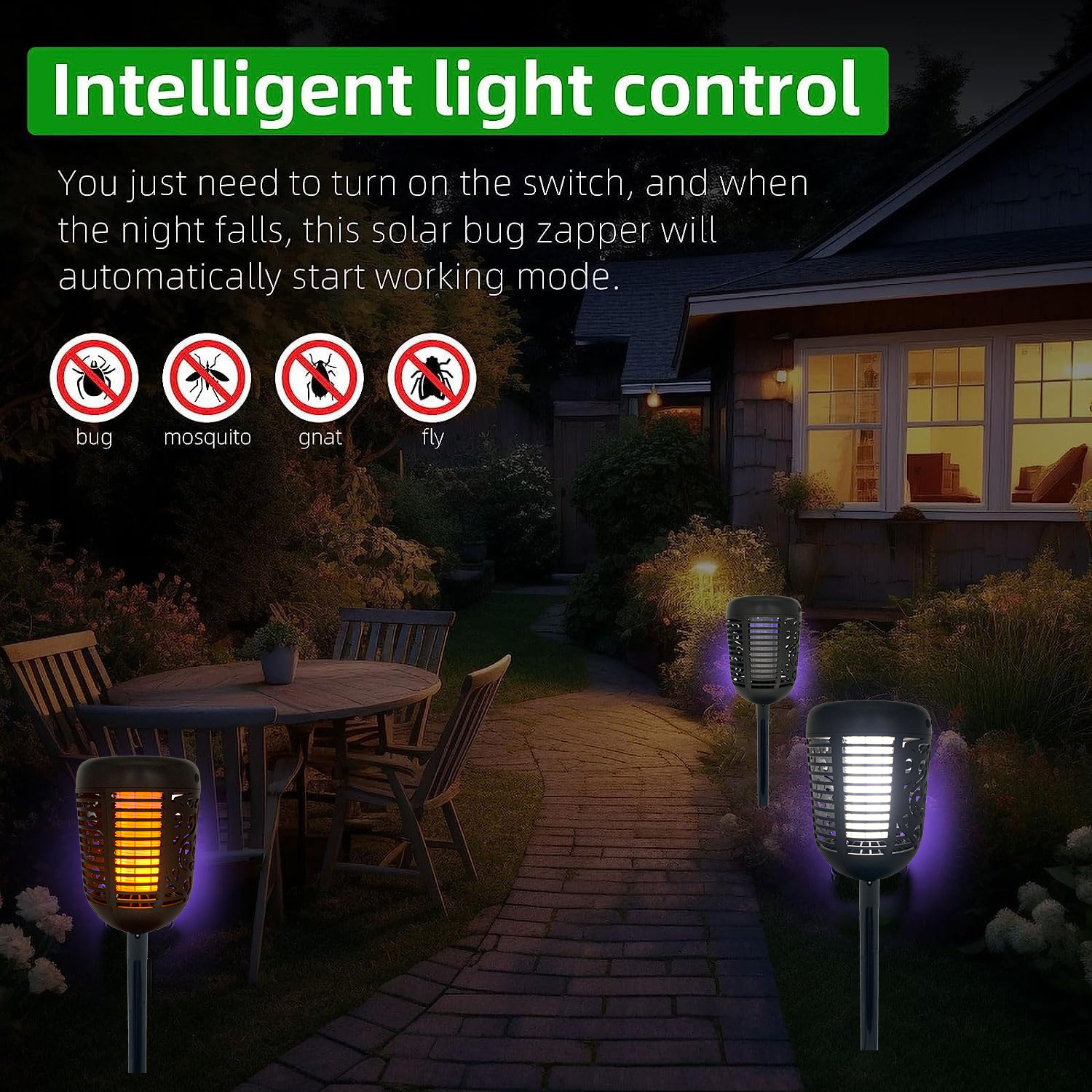 Solar Flickering Flame LED Lantern Decorative Waterproof for Garden Bug Zapper Insect Killer Torch with LED Flame Effect