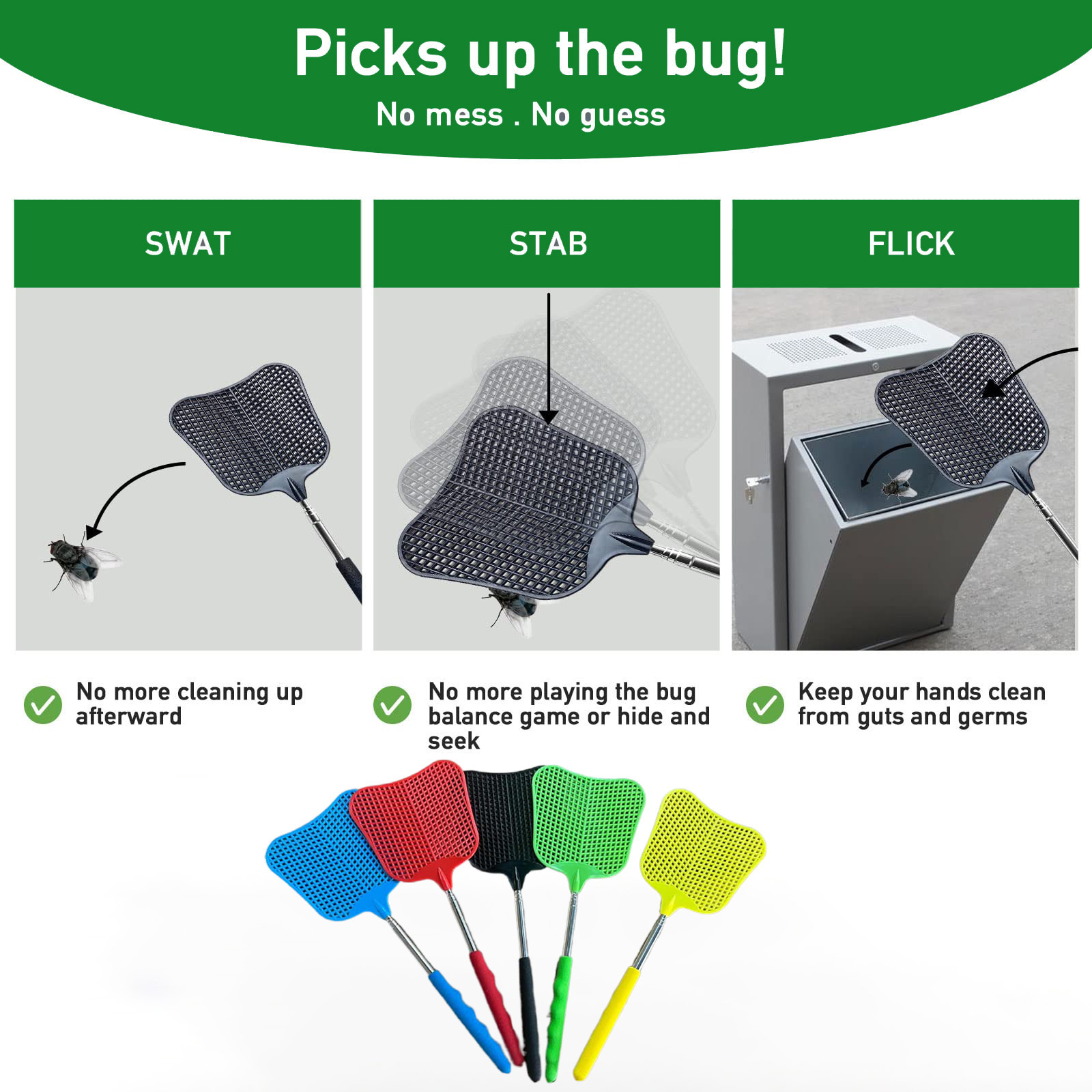 Flexible and Durable Plastic Fly Swatter Extendable Telescopic Flyswatter with Stainless Steel Handle 29cm - 65.5cm