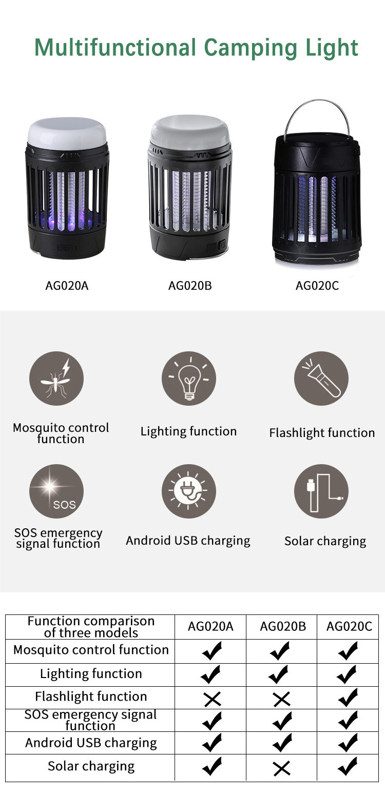 Rechargeable Solar USB Bug Zapper Hanging Camping Lantern Portable Insect Mosquito Lamp Fly Pest Trap for Indoor Outdoor