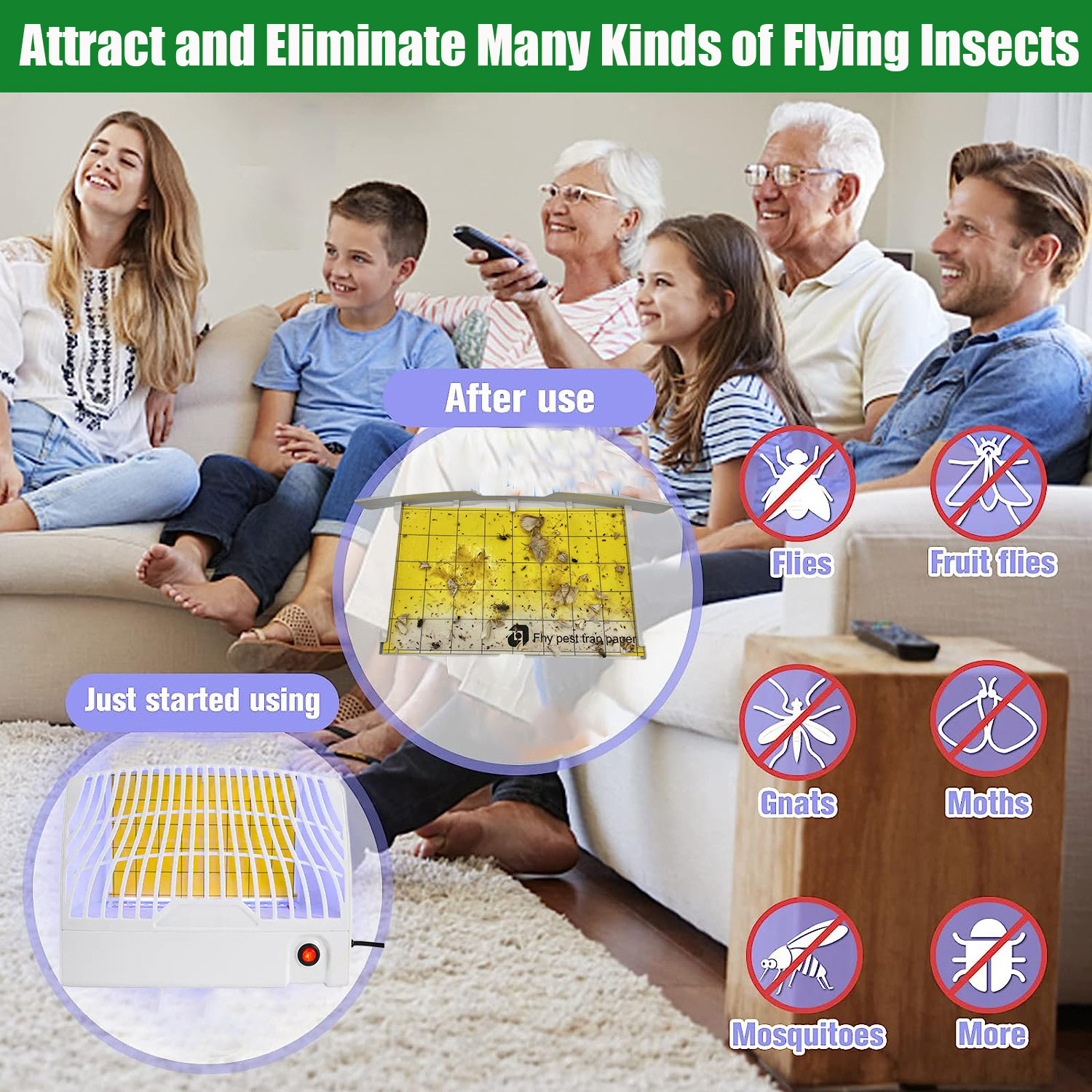 Indoor Electronic Fruit Fly Trap with 3 Pcs Sticky Paper UV Night Light Gnat Killer Mosquito Flying Trap Fly Catcher