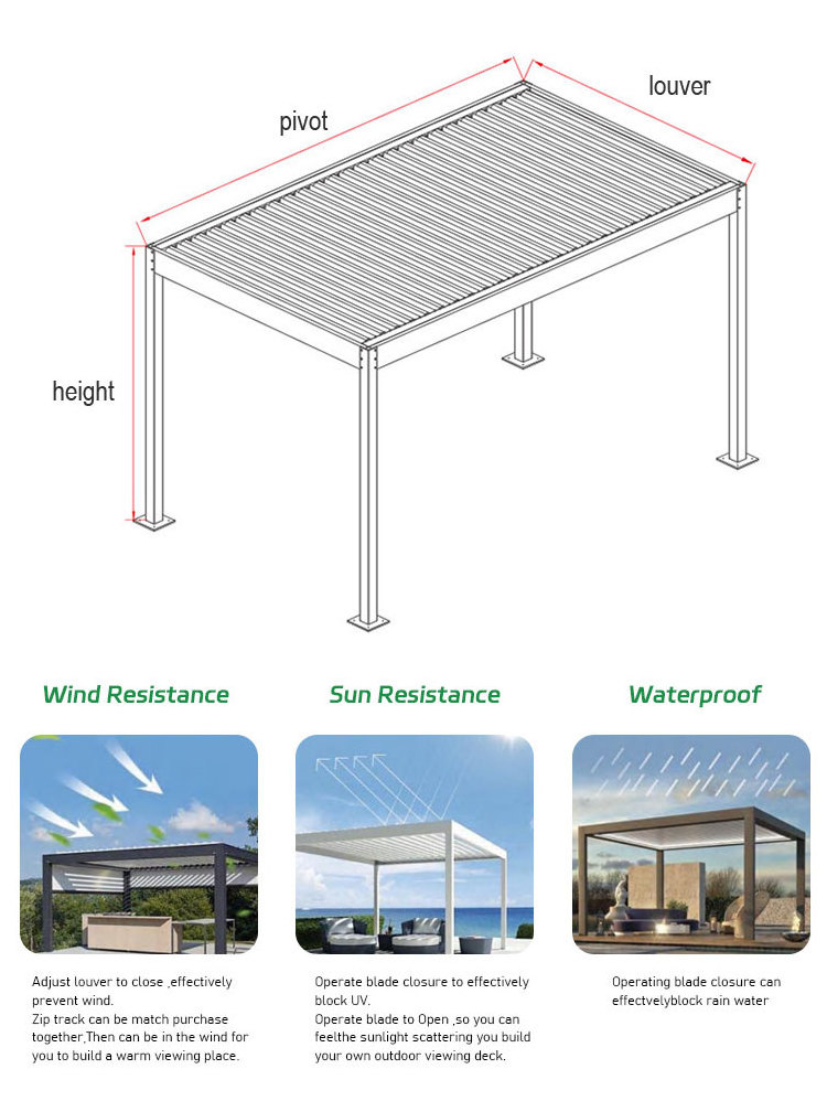 Aluminium Louver Glass Pergola Retractable Roof Awning Gazebo