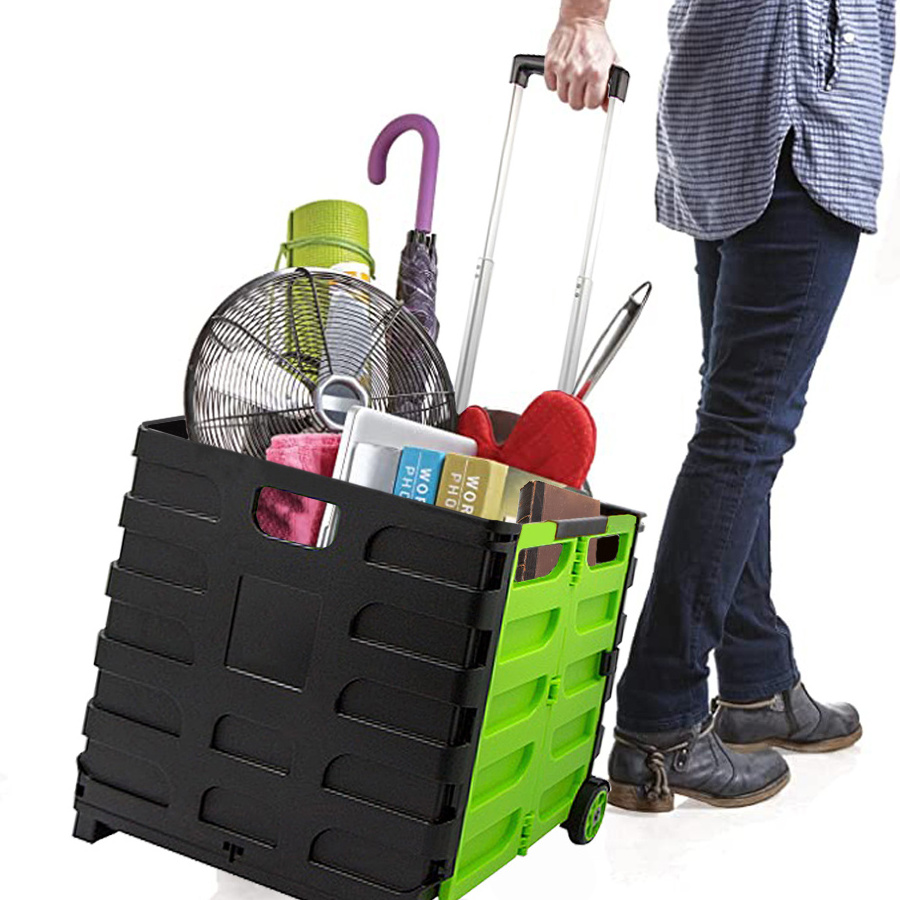 Heavy Duty Collapsible Storage Crate, Rolling Shopping Trolleys with Telescoping Handle