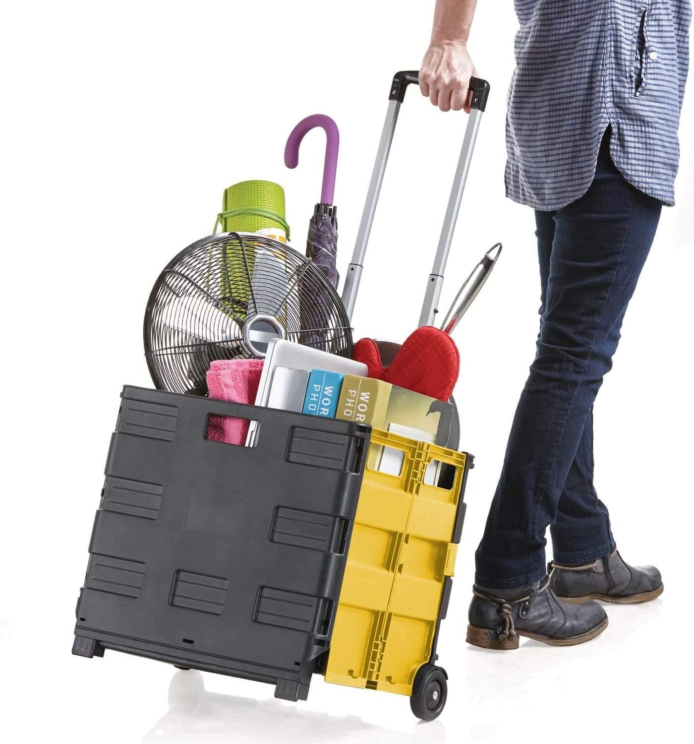 Heavy Duty Folding Plastic Box with Wheels, Foldable Rolling Pull Cart with Telescopic Handle