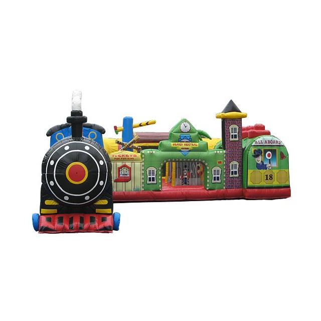 New Design Commercial inflatable Fun Express Train Station Obstacle Course blow up train