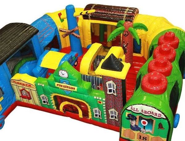 New Design Commercial inflatable Fun Express Train Station Obstacle Course blow up train